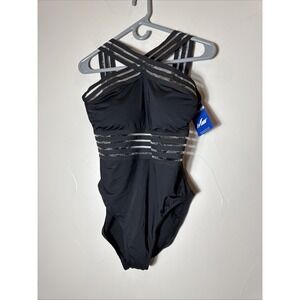 Hilor Swimsuit Womens Large 10/12 One Piece Black With See Thru Stripes New